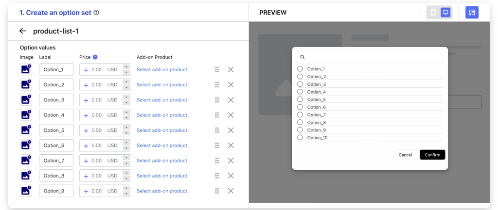 shopify customize options in popup