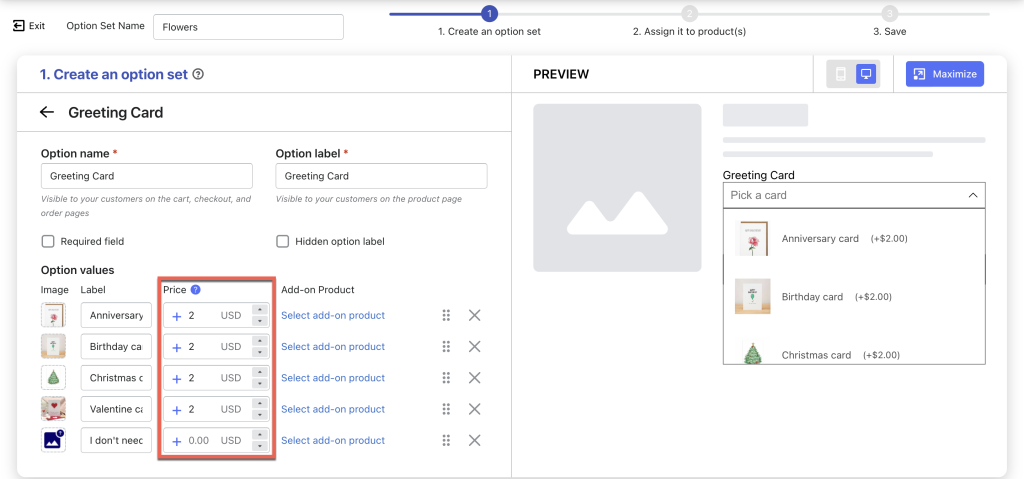 add a price to custom product option