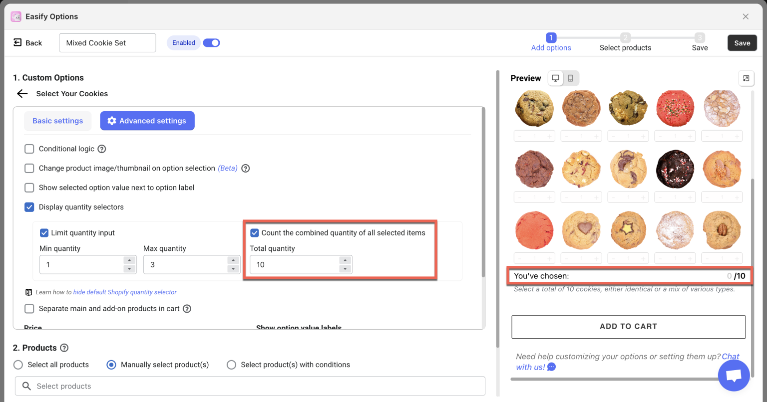 Set Selection Set Up Quantity Selector For Custom Option Values | Easify