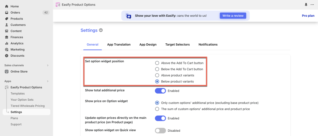 custom option set position