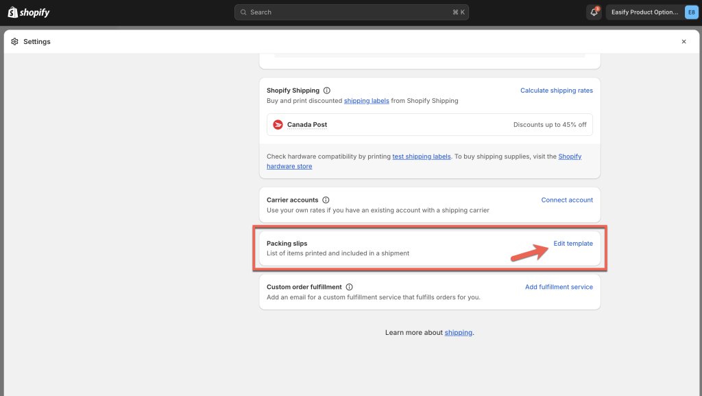 custom options on shopify packing slip