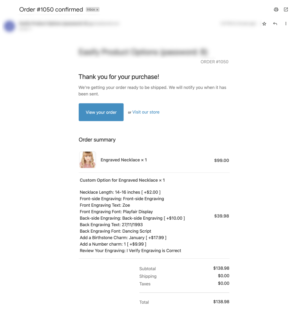 order confirmation email