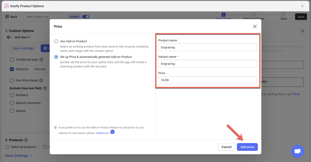 addon price and addon product