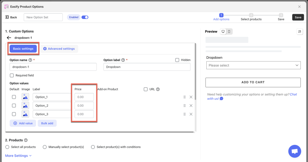 custom option with custom pricing