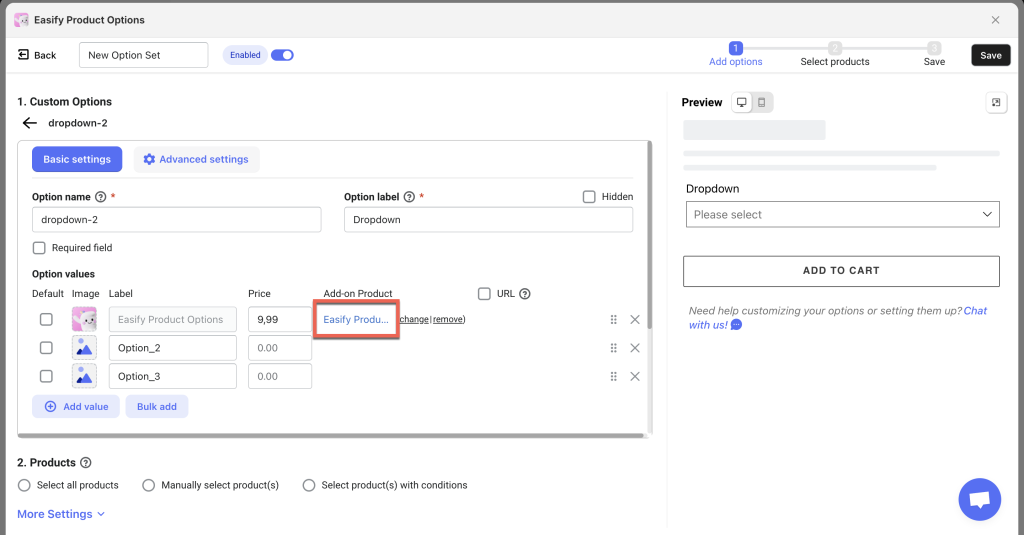 product options and customizer