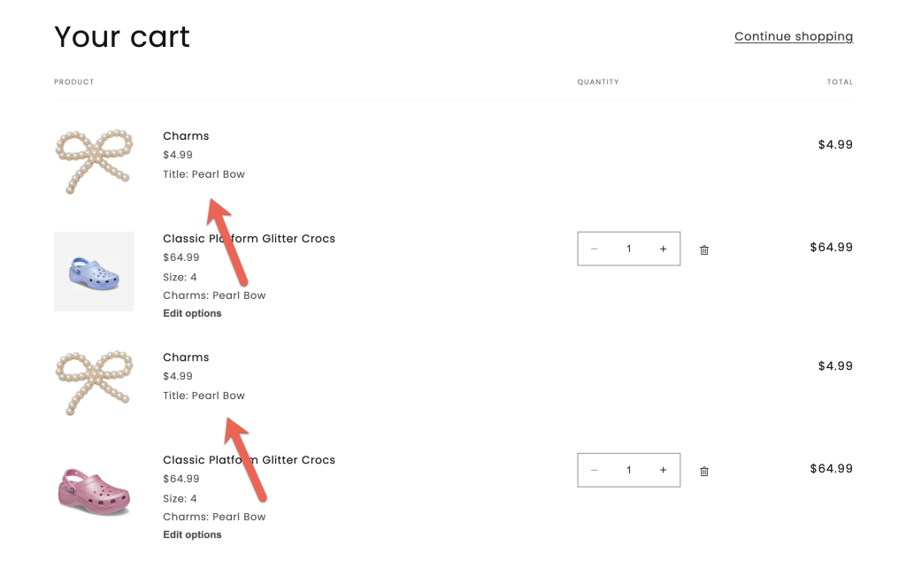 display options in cart