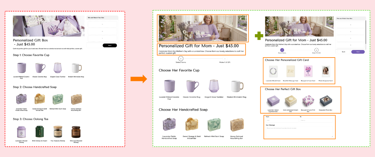 Before-and-after demo for Gift & Special Events (mom)