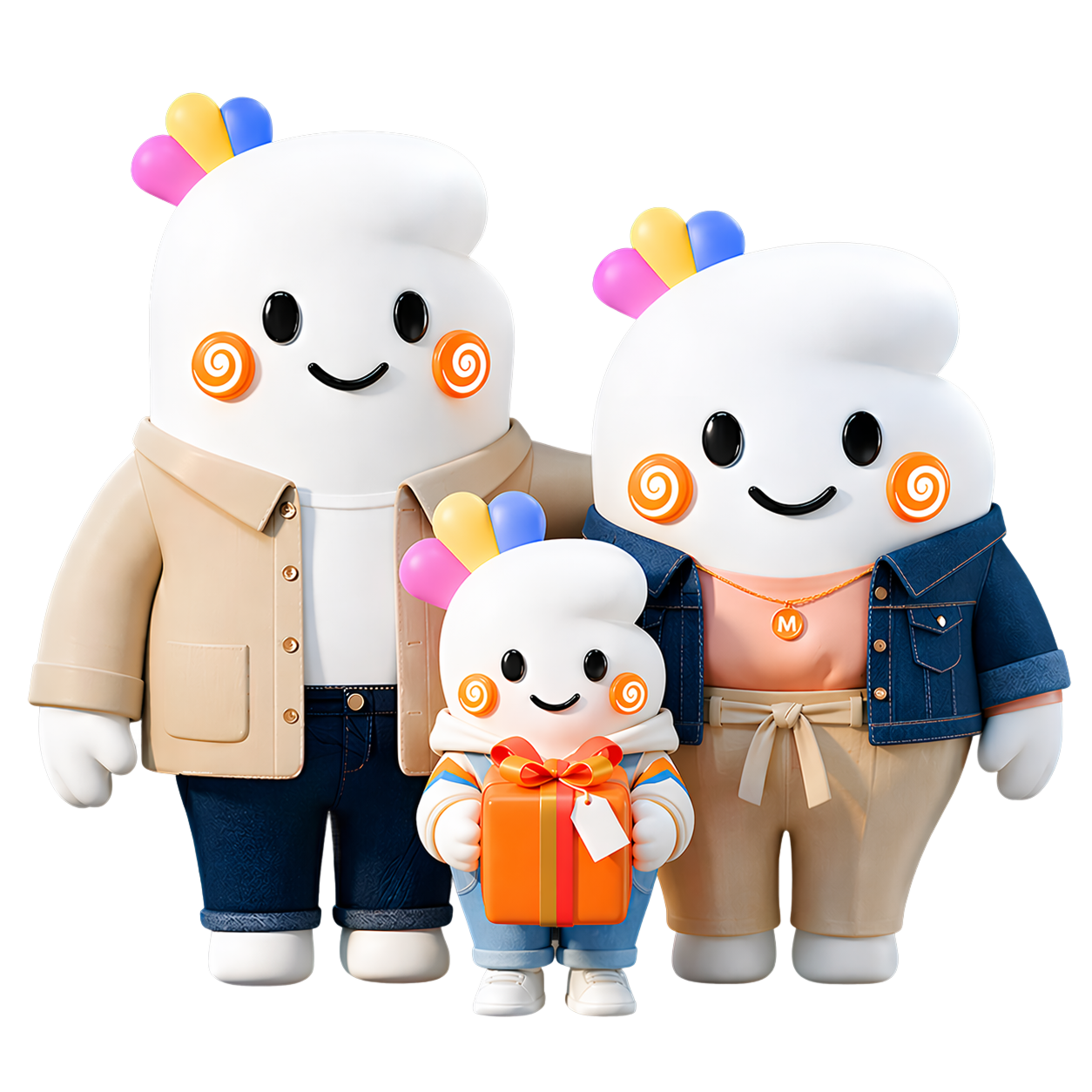Easify mascot family — Dad, Kid with gift, and Mom characters
