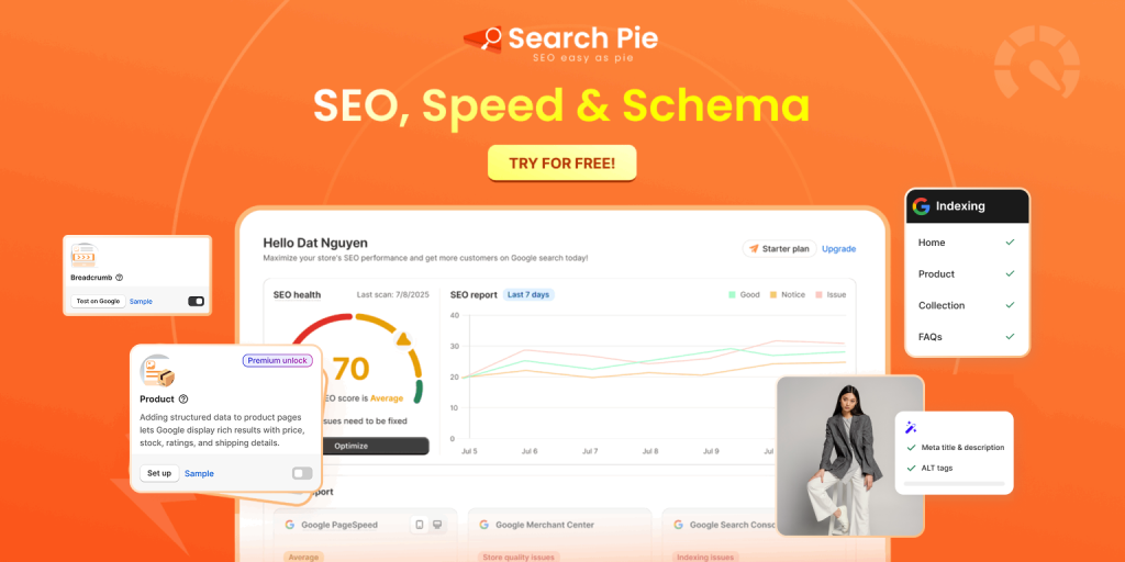 SearchPie Shopify SEO app dashboard showing schema markup, speed optimization, and bulk meta tag generation features
