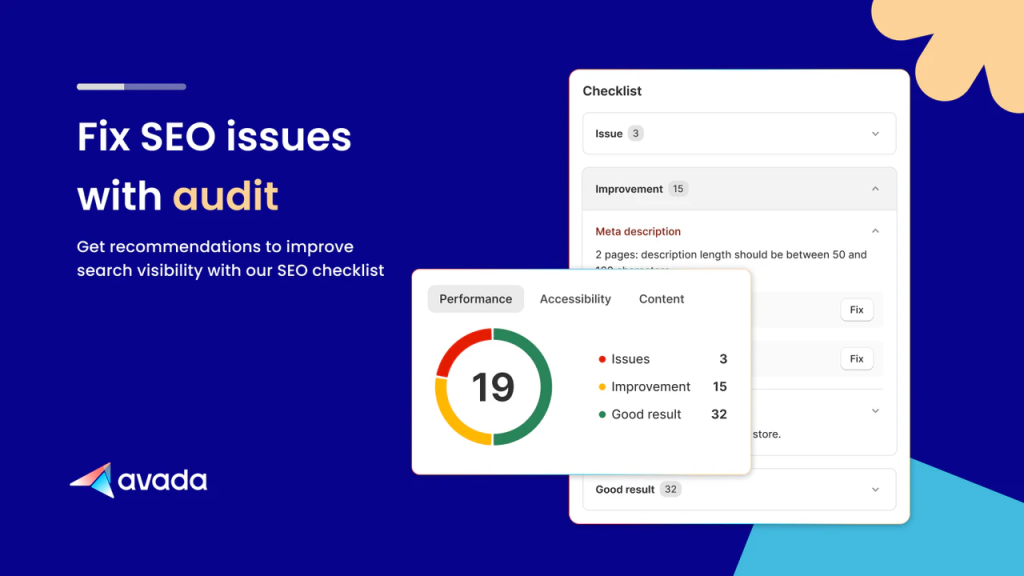 Avada AI SEO Image Optimizer Shopify SEO app showing guided audit dashboard and bulk image optimization features
