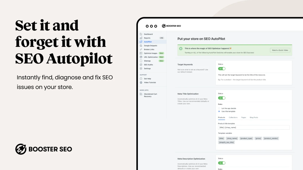 Booster AI SEO Optimizer Shopify SEO app showing autopilot monitoring dashboard with automated fix alerts